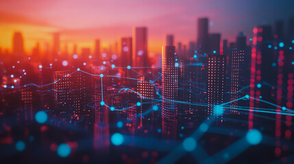 Obraz premium Smart digital city with connection Innovation network reciprocity over the sunset cityscape Concept of future wireless digital city and social media networking systems that connects business people