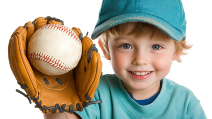 Young baseball fan, smiling child with glove and ball, wearing teal cap and shirt on a transparent background.