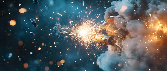Fototapeta premium worker while doing a welding with arc welder welding or welding Sparks for background, Backdrop and manufacturing.