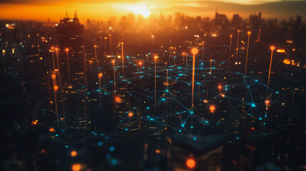 Obraz premium Smart digital city with connection Innovation network reciprocity over the sunset cityscape Concept of future wireless digital city and social media networking systems that connects business people