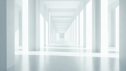 Obraz premium Endless white hallway with columns and bright light.
