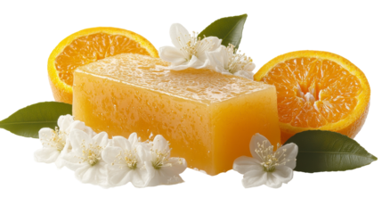 Citrus Soap Serenity, fresh orange slices, fragrant white blossoms, vibrant green leaves, natural and refreshing ambiance on White or PNG Transparent Background.