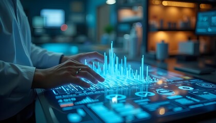 A person's hand and the holographic interface of the future, various data visualizations and digital elements