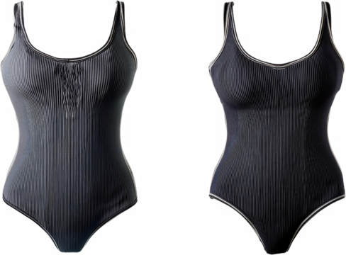 Elegant Ribbed Swimsuit Front Back Views Dark Grey Fashion Apparel