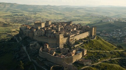 Naklejka premium Aerial view of a grand well preserved medieval castle perched atop a hill surrounded by lush rolling green hills and valleys