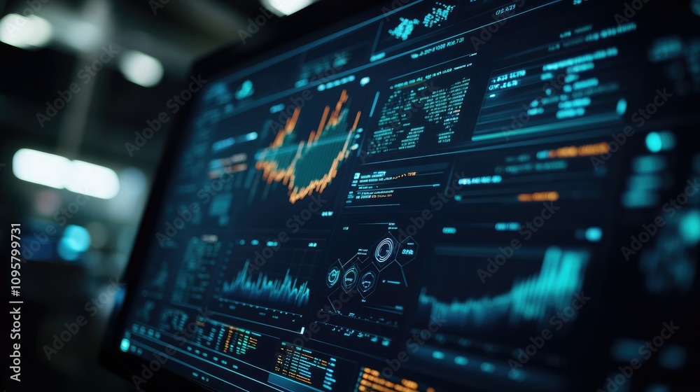 Fototapete A close-up of a computer screen displaying complex data visualizations focused on analyzing stock market volatility and risk factors