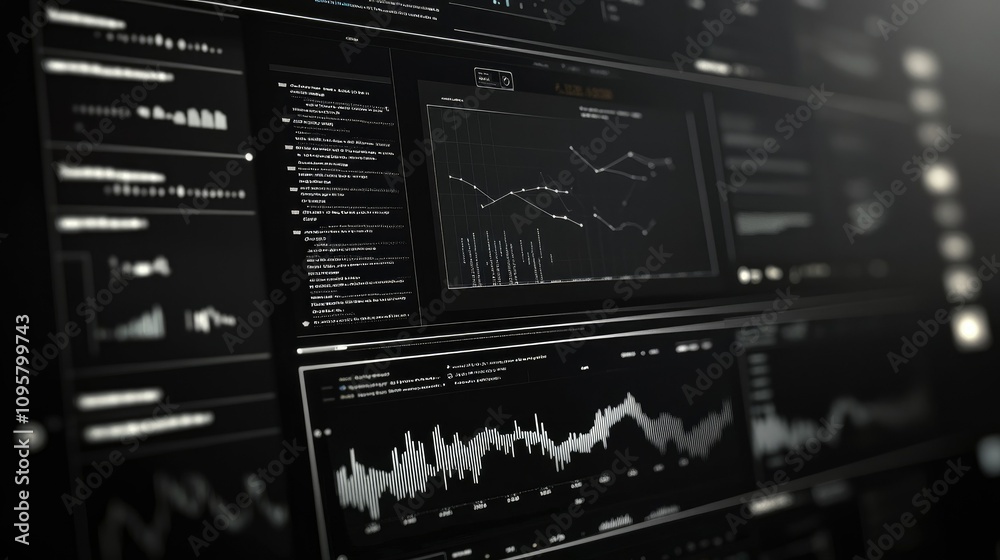 Poster A close-up of a computer screen displaying complex data visualizations focused on analyzing stock market volatility and risk factors