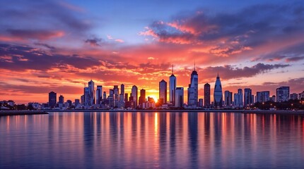 Obraz premium Screensaver. Stunning city skyline at sunset with colorful reflections in the water
