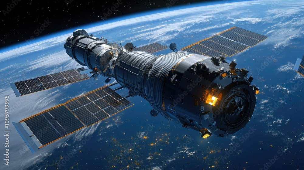 Poster a close-up view of the international space station with solar panels fully extended, orbiting the ea