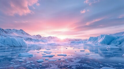 Fototapeta premium Screensaver. Breathtaking icy landscape with colorful sunset reflecting on the water