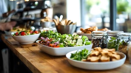 Obraz premium Fresh salads and snacks displayed on a rustic wooden table in a bright café.