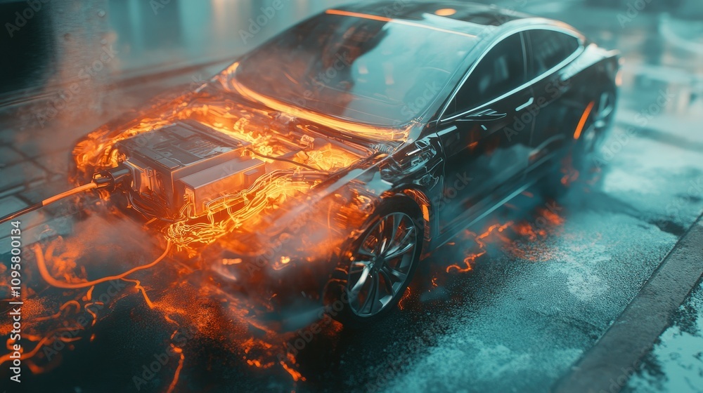 Poster a conceptual image showing a battery overheating in an electric vehicle, underscoring the importance