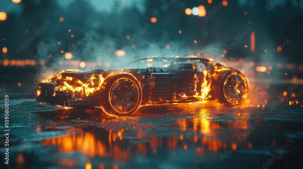 Poster A conceptual image showing a battery overheating in an electric vehicle, underscoring the importance of advanced thermal management technologies in EVs