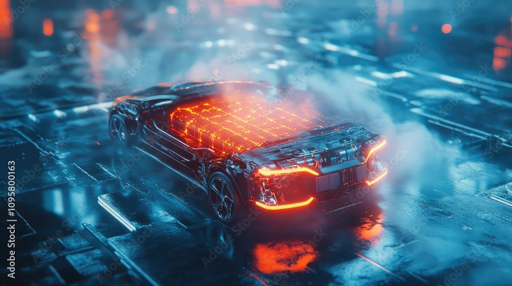 Poster A conceptual image showing a battery overheating in an electric vehicle, underscoring the importance of advanced thermal management technologies in EVs