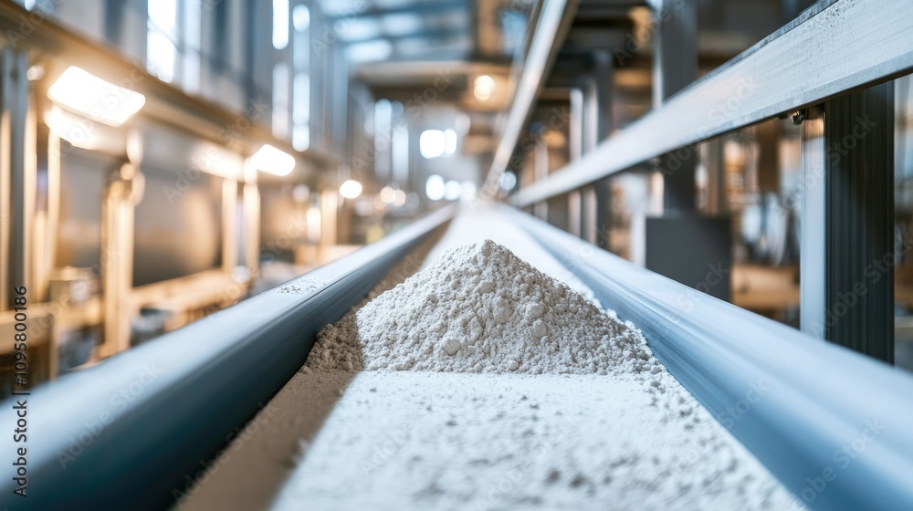 Poster a conveyor belt system in a factory moving gypsum powder, showcasing the processing and production o