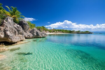 Obraz premium Aqua lagoon with coral reefs visible beneath the surface, surrounded by towering rock formations and palm trees