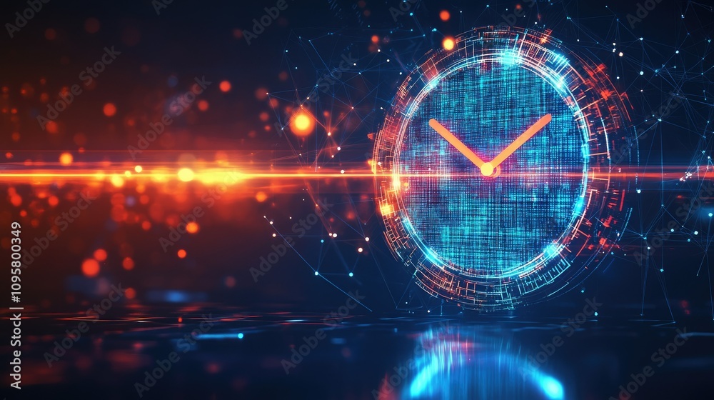 Poster A digital clock with glowing mesh lines, illustrating the connection between time management and data analysis in a futuristic business space