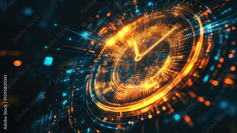 Poster A digital clock with glowing mesh lines, illustrating the connection between time management and data analysis in a futuristic business space