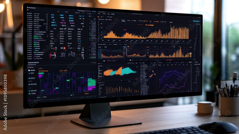 Poster A digital workspace showing real-time advanced data visualizations used for analyzing market volatility and financial risk factors