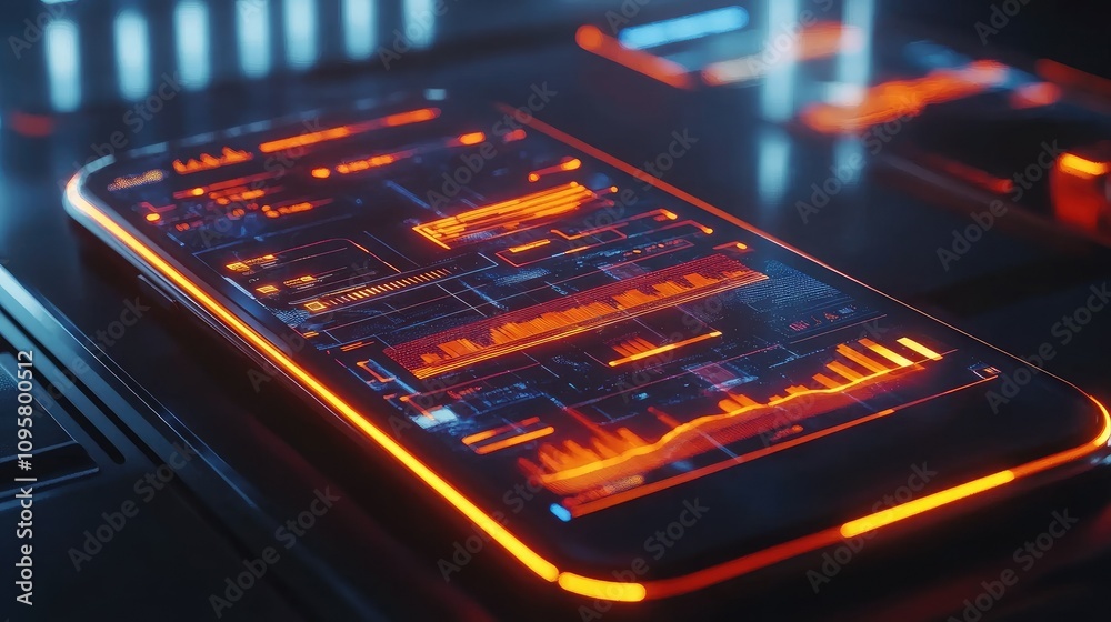 Poster A futuristic business app displayed on a glowing mesh-like smartphone interface, complete with dynamic lines and high-tech visuals