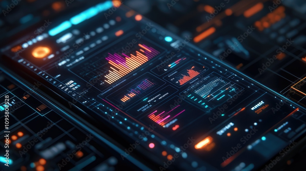 Aufkleber A futuristic business app displayed on a glowing mesh-like smartphone interface, complete with dynamic lines and high-tech visuals