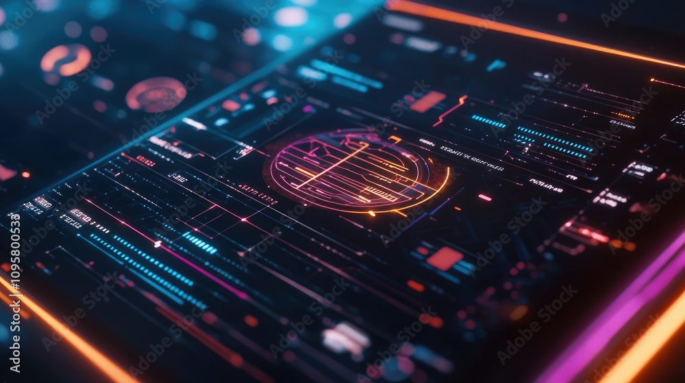 Poster A futuristic business app displayed on a glowing mesh-like smartphone interface, complete with dynamic lines and high-tech visuals