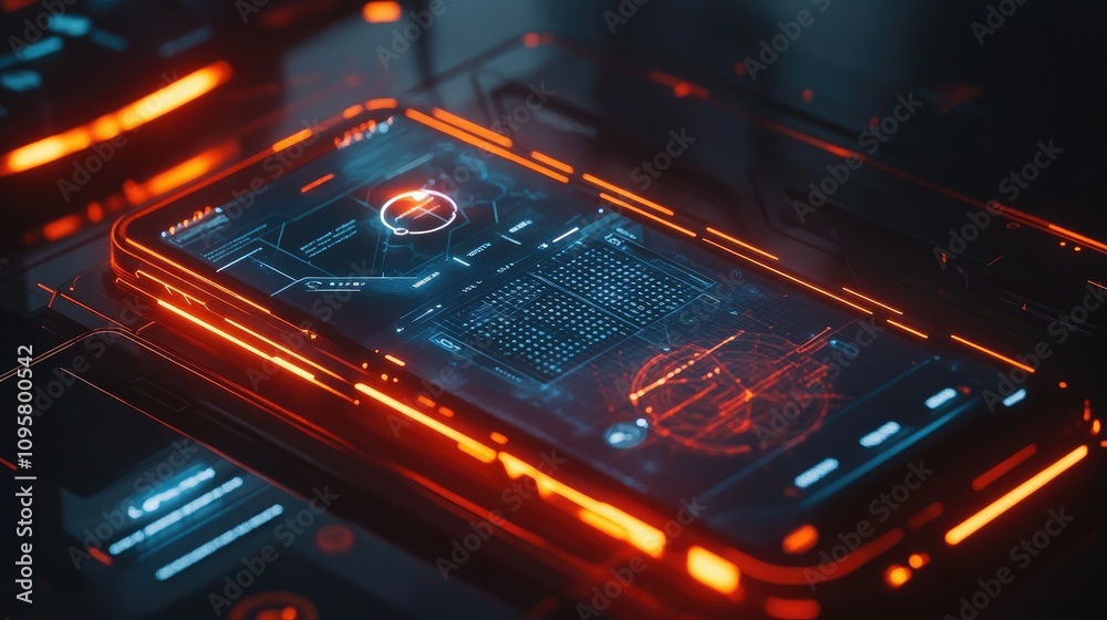 Poster A futuristic business app displayed on a glowing mesh-like smartphone interface, complete with dynamic lines and high-tech visuals