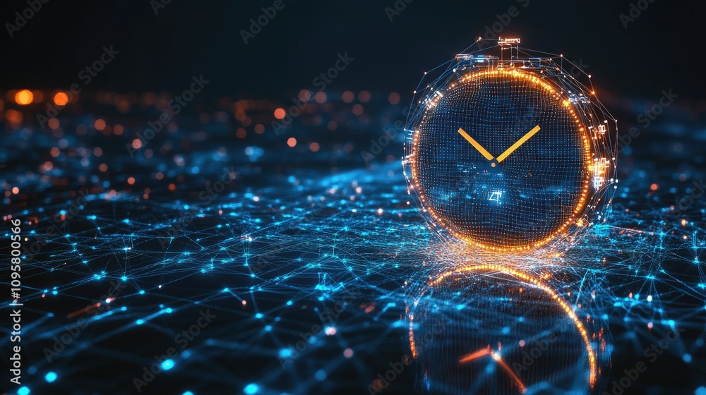 Aufkleber A futuristic digital clock with glowing mesh lines, symbolizing the intersection of time management and data analytics in a sleek business environment