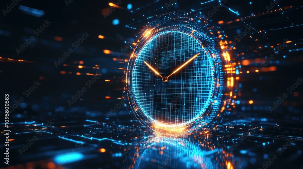 Poster A futuristic digital clock with glowing mesh lines, symbolizing the intersection of time management and data analytics in a sleek business environment