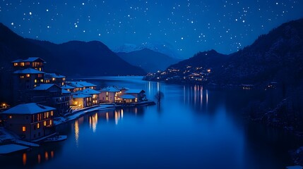 Twilight view of a serene lakeside village under a starry sky in winter.
