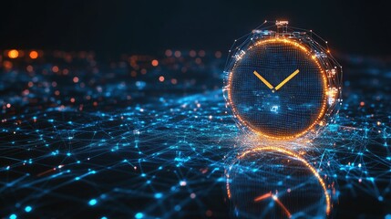 A futuristic digital clock with glowing mesh lines, symbolizing the intersection of time management and data analytics in a sleek business environment