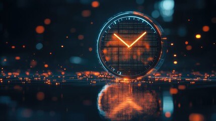A futuristic digital clock with glowing mesh lines, symbolizing the intersection of time management and data analytics in a sleek business environment