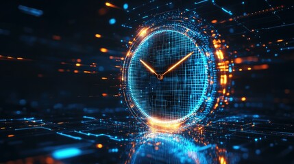 A futuristic digital clock with glowing mesh lines, symbolizing the intersection of time management and data analytics in a sleek business environment