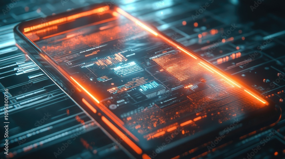 Aufkleber A glowing mesh-like smartphone interface showing a business application, with dynamic holographic elements and sleek futuristic design