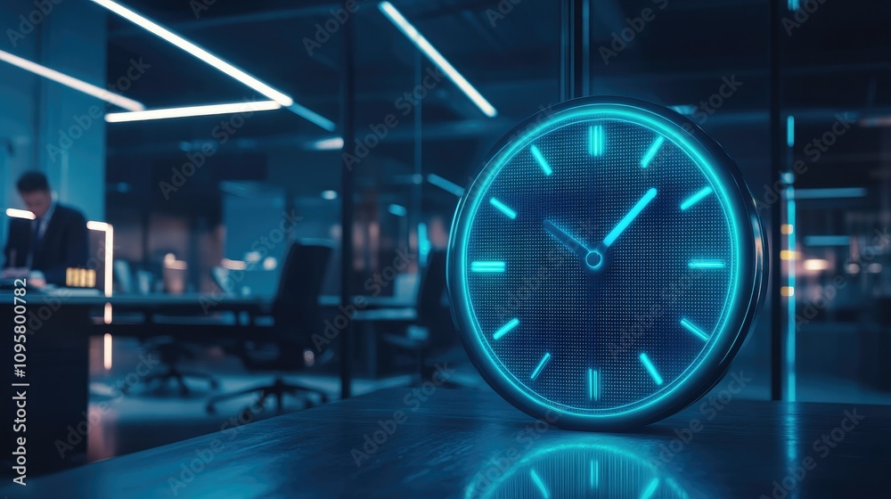 Poster A high-tech digital clock with glowing, mesh-like lines representing data analytics, time management, and productivity in an office setting