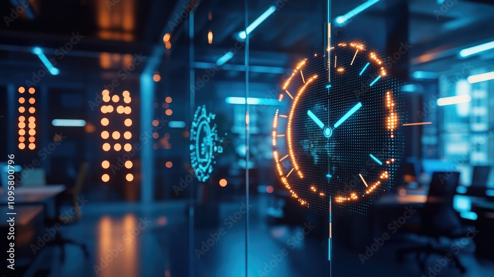 Aufkleber A high-tech digital clock with glowing, mesh-like lines representing data analytics, time management, and productivity in an office setting