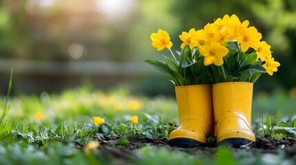 Yellow rubber boots filled with vibrant daisies in a sunny garden.