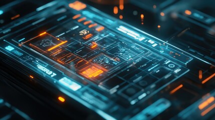 Obraz premium A glowing smartphone interface showcasing a modern business application with holographic elements and mesh-like digital lines