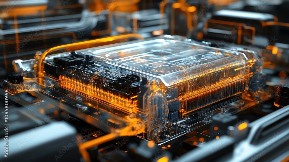 Poster A layered view of an electric vehicle battery pack, showing intricate circuits and cooling mechanisms through transparent material