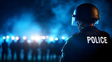 Fototapeta premium A police officer stands in a nighttime scene, surrounded by blue lights, representing law enforcement and public safety.