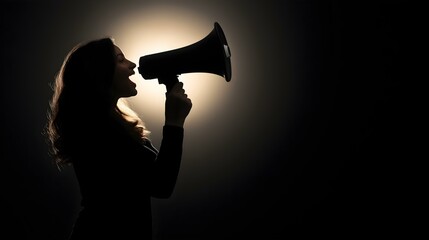 A powerful silhouette of a woman passionately speaking into a megaphone, symbolizing empowerment and advocacy.