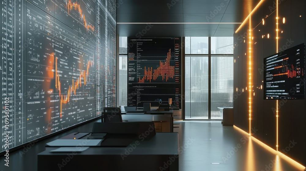 Aufkleber A modern office setting with advanced data visualizations on screens, analyzing stock market volatility and risk factors in real-time