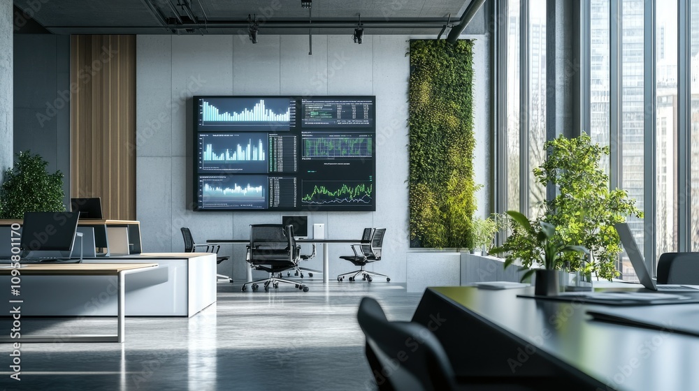 Poster A modern office setting with advanced data visualizations on screens, analyzing stock market volatility and risk factors in real-time