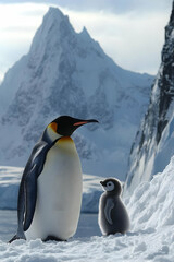 Fototapeta premium Majestic King Penguin and Chick in Antarctic Landscape