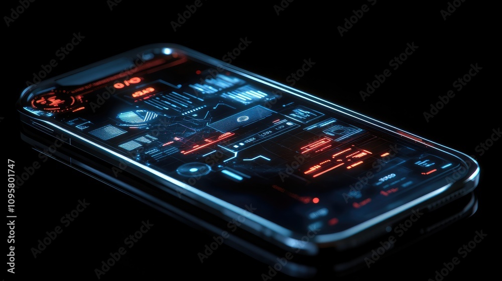 Poster A smartphone screen with a glowing, mesh-like interface featuring a business application, sleek futuristic elements, and dynamic holographic design