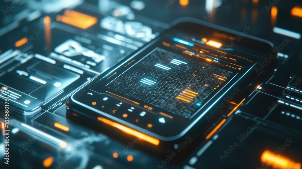Poster A smartphone screen with a glowing mesh interface displaying a business app, surrounded by high-tech dynamic elements and sleek visuals
