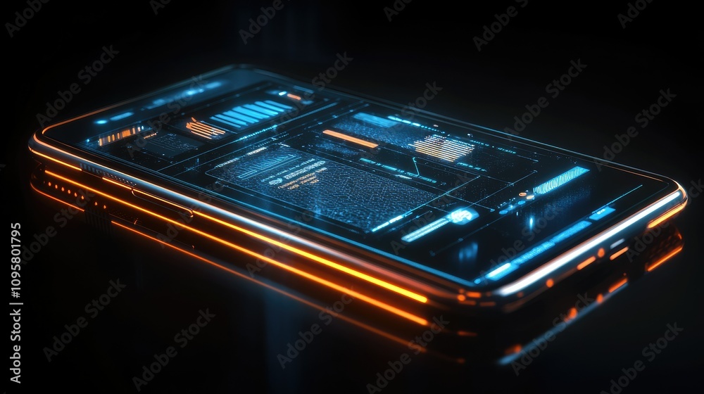 Poster a smartphone screen with a glowing, mesh-like interface featuring a business application, sleek futu