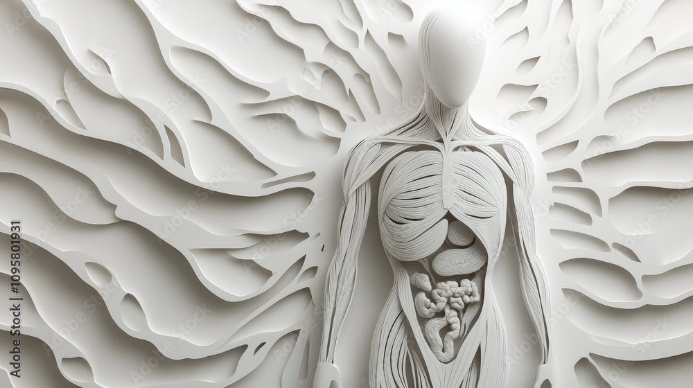 Poster a stylized paper cut representation of the human body, with layered structures symbolizing anatomica
