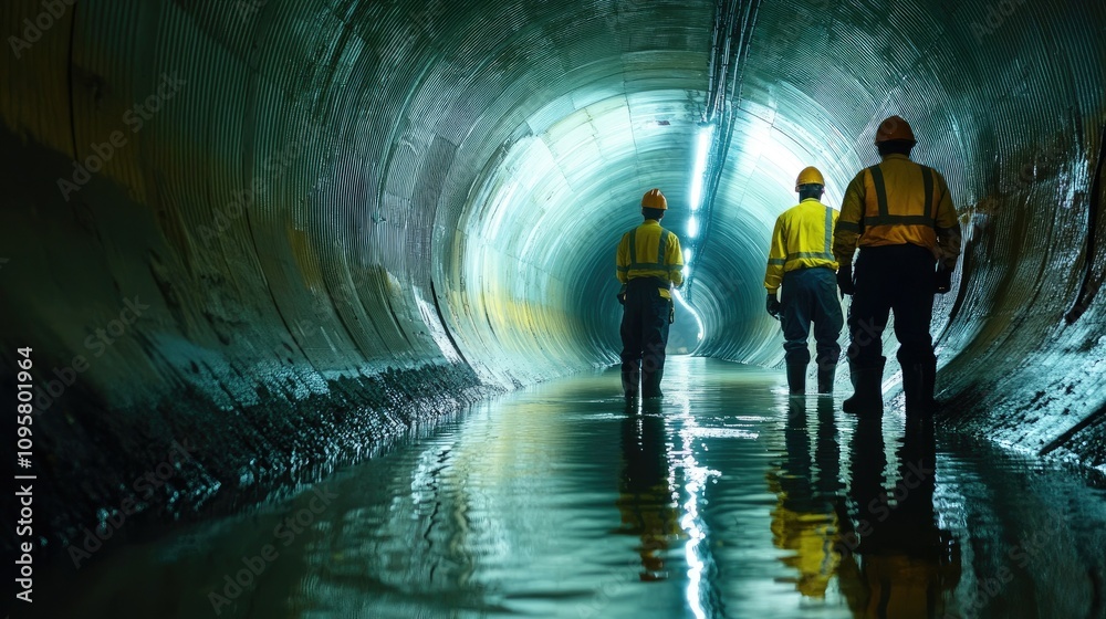 Poster A team of engineers working on waterproofing methods for tunnels beneath water bodies, focusing on resilient infrastructure for utility networks