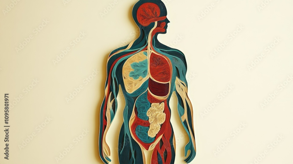 Poster A stylized paper cut representation of the human body, with layered structures symbolizing anatomical systems in a digital, minimalist design